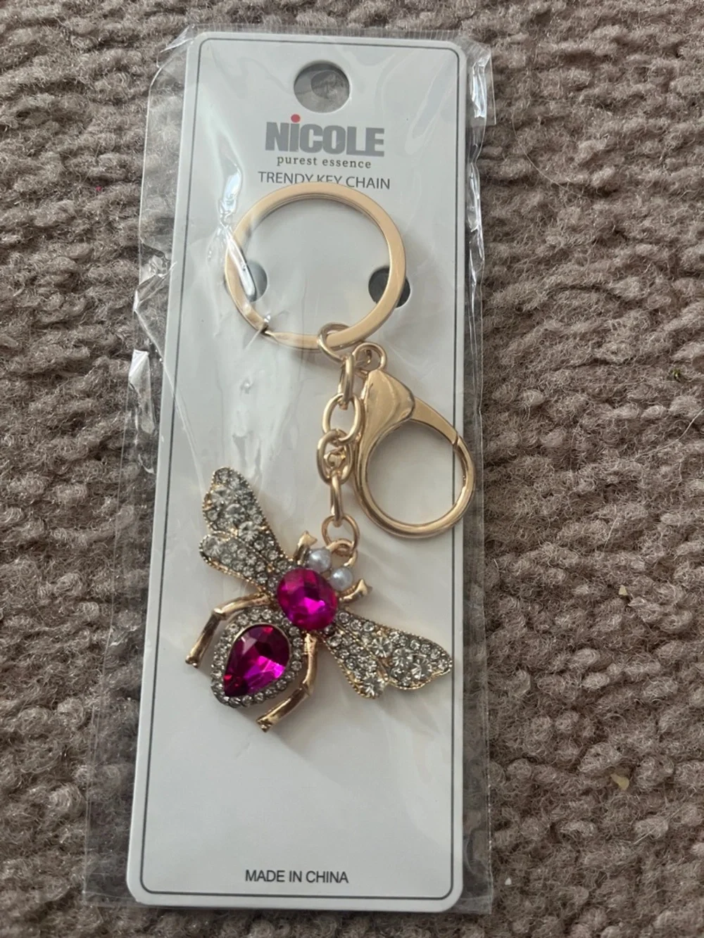 Nicole Gold Bee Keychain with Magenta Gems